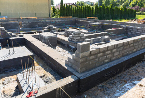 House construction in progress with concrete blocks on a solid concrete slab foundation.
