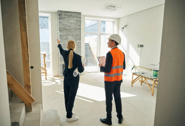 Two remodeling contractors in hard hats stand inside an unfinished house, discussing the ongoing construction work.